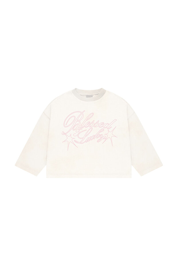 Blessed & Lucky Baskılı Uzun Kollu Basic T-Shirt - 1