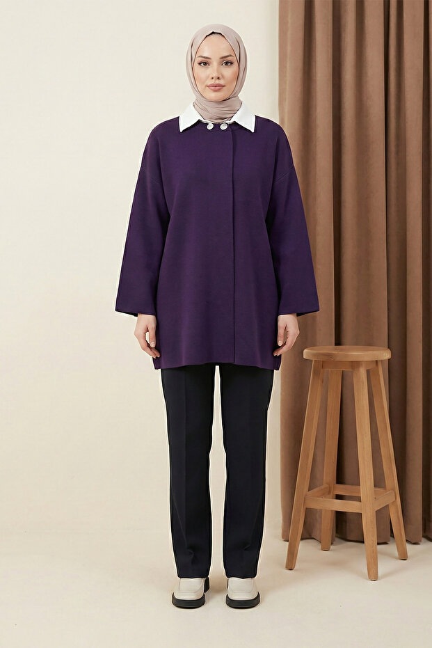 Yaka Düğmeli Salaş Triko Panço - Mor - 2