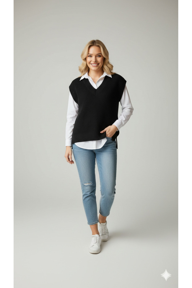 Kadın Basic V Yaka Rahat Kalıp Triko Süveter - 1