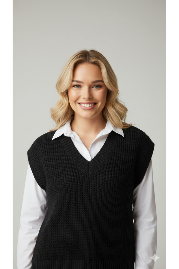 Kadın Basic V Yaka Rahat Kalıp Triko Süveter - 2