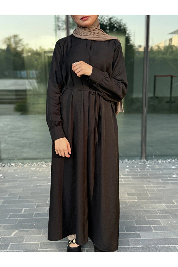 Long Rayon Tunic – Belted and Buttoned - Black