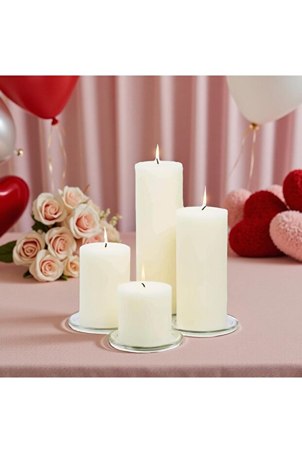 4pcs Glass Cylinder Vases with 4 Ivory Pillar Candles for Home, Events & Weddings