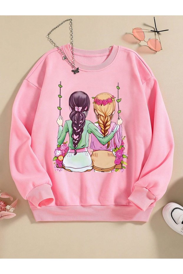 Two Girls on a Swing B Printed Girls Winter Children's Sweatshirt Pink