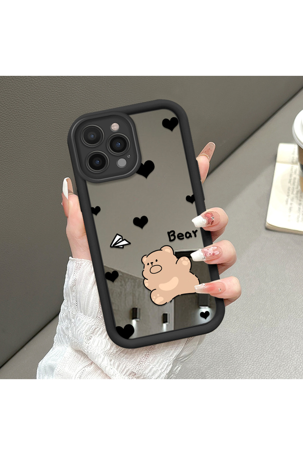 iPhone 14 Pro Max Compatible Black Silicone Heart Patterned Mirror Surface Lens Protection Case