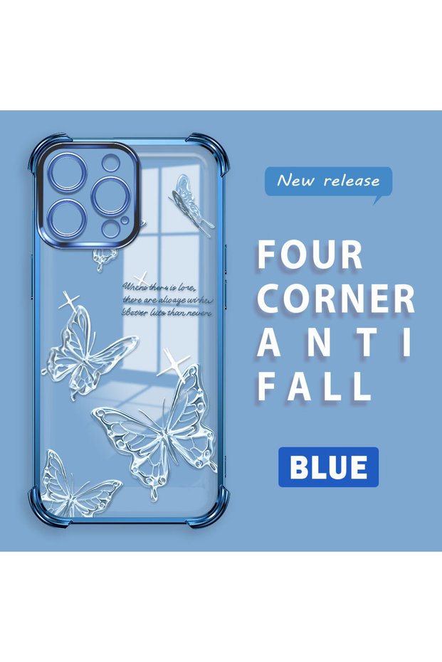 iPhone 14 Pro Max Compatible Transparent Four-Corner Silicone Coating Glossy Edge Case Butterfly Pattern