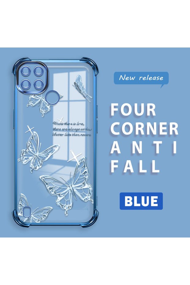 Realme C21Y/C25Y Compatible Transparent Four-Corner Silicone Cover Glossy Edge Case Butterfly Pattern