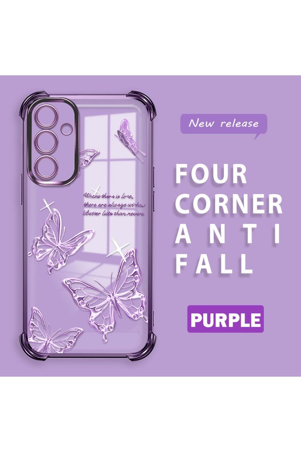 Samsung Galaxy A54 Compatible Transparent Four-Corner Silicone Coating Glossy Edge Case Butterfly Pattern