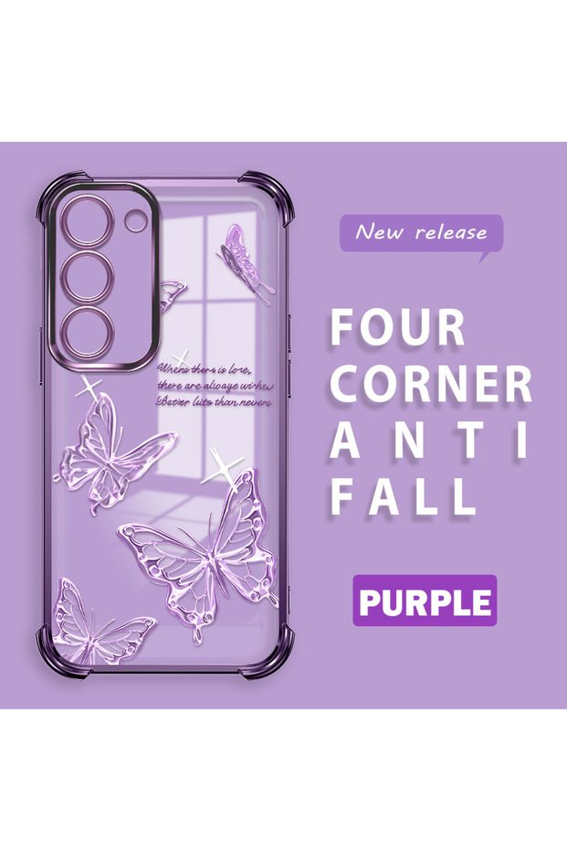 Samsung Galaxy S23 Compatible Transparent Four-Corner Silicone Coating Glossy Edge Case Butterfly Pattern