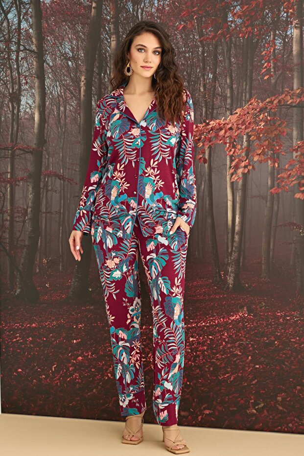 Floral and Leaf Patterned Buttoned Front Pajama Set - 2
