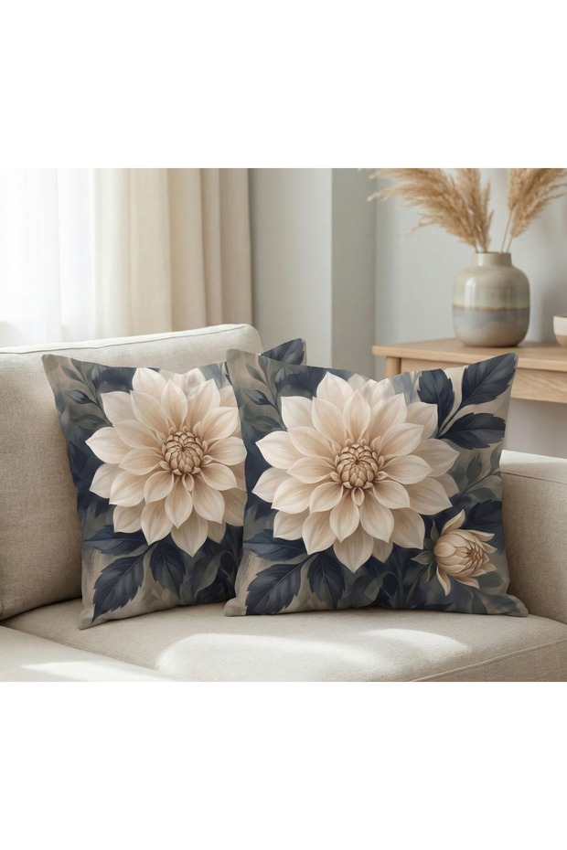 Beige Cream Flower Themed Modern Digital Printed Decorative 2-Piece Throw Pillow Cover Set