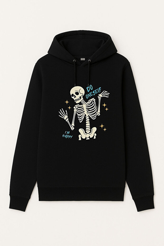 Skeleton Skull B Printed Black Hooded Sweatshirt Hoodie