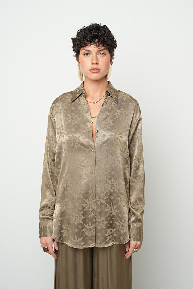 Women's Jacquard Star Khaki 100% Viscose Silky Shirt