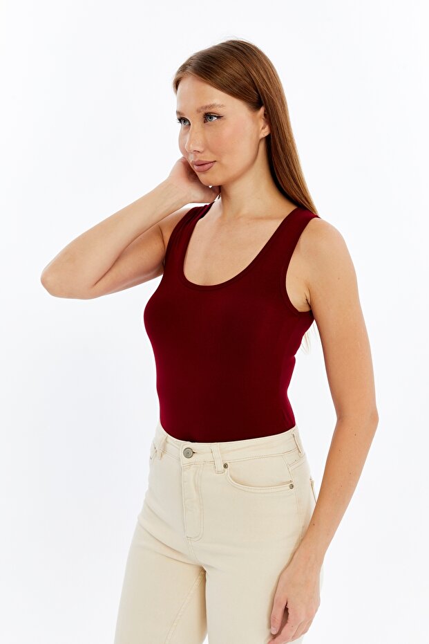 Kadın Bordo Kalın Askılı Basic Atlet - 4