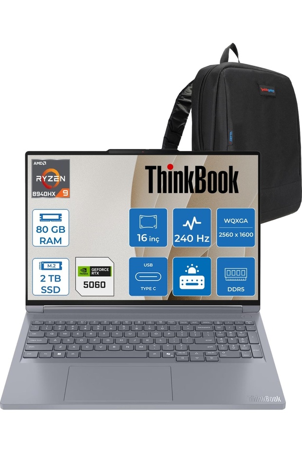 Thinkbook 16P G6 Adr Ryzen 9 8940HX 80GB 2tb SSD 8GB/RTX5060 16" IPS FDOS 21U00013TXF23+Zettaçanta - 1