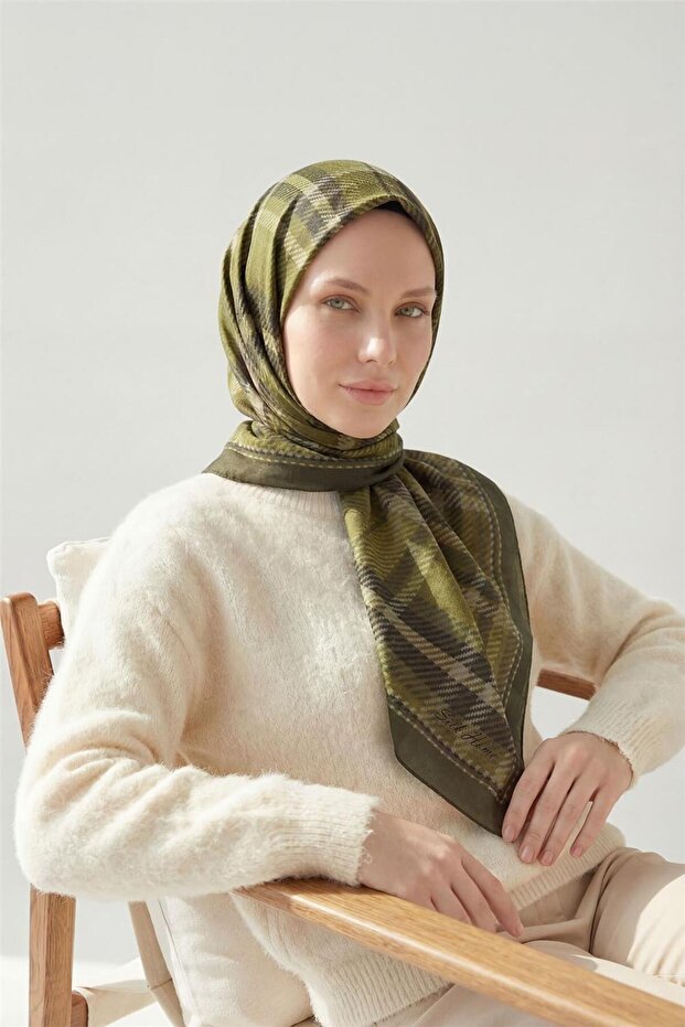 Viscose Velora Scarf Plaid Patterned Green-Grey Tok Duruşlu Four Seasons 90X90