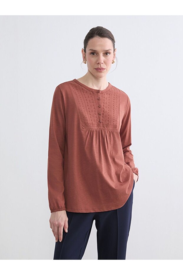 Lcw grace brown crew neck embroidered blouse