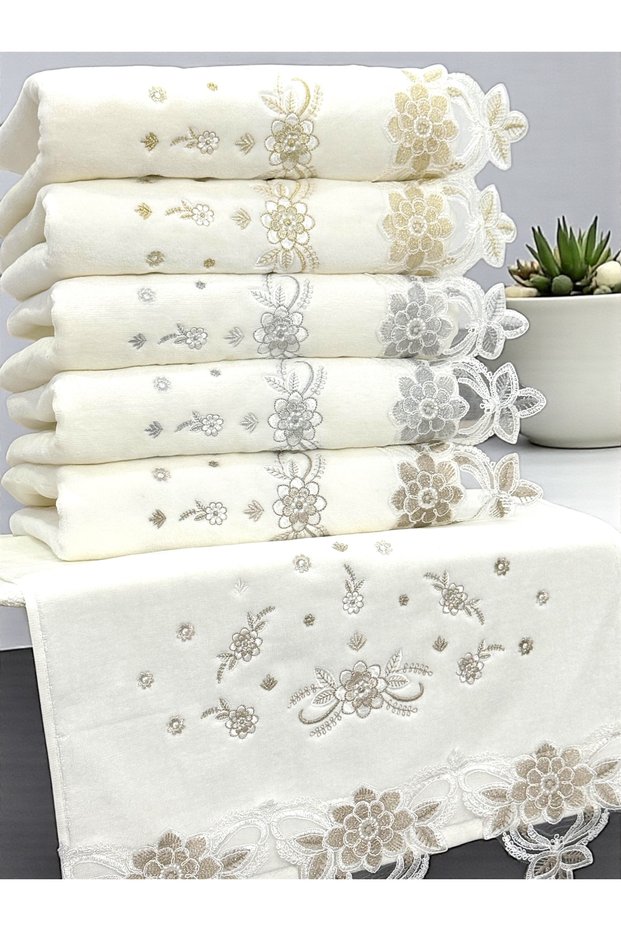6 Pack Velvet Luxurious French Guipure Lace Bridal 50x90 Hand and Face Towel