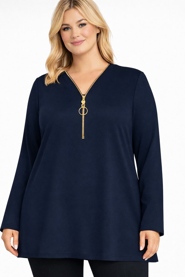 Large Size Women's Navy Blue Color Gold Zipper Uzunkol Blouse