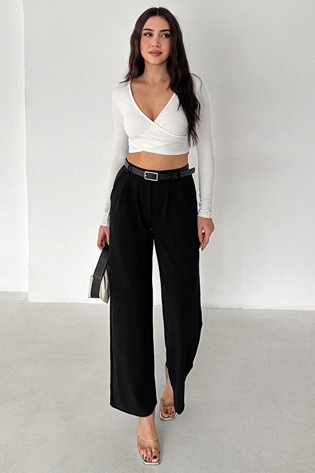 Women's Pleated Wide-Leg Pants – Black Flow