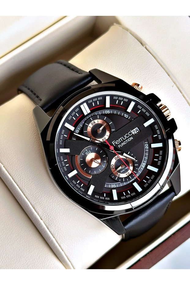 Functional Black Color Leather Cord Men's Wristwatch