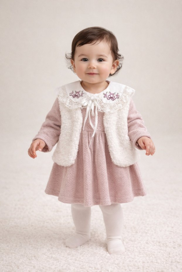 Powder Color Plush Vest Set , Lace Collar 100% Cotton Thin Knitwear Knitted Baby Girl Dress