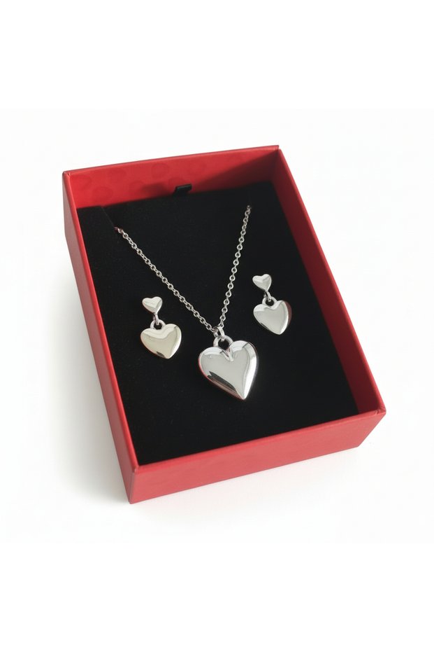 Silver Color Minimal Heart Necklace and Earrings Set - Comes with Special Gift Box