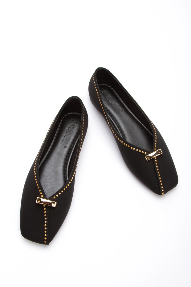 Women's Black Suede Stylish Stitched Patterned Flat Heeled Comfortable Ballerina Shoes with Buckle Detail