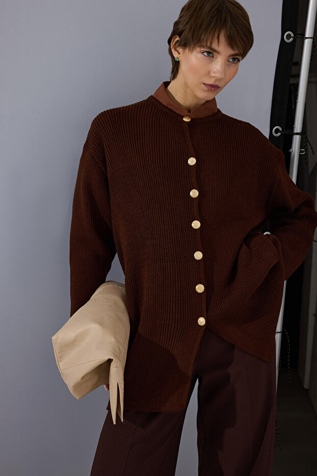 Gold Buttoned Long Cardigan