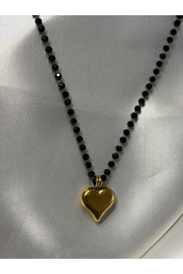 Heart Detailed Black Beaded Steel Necklace