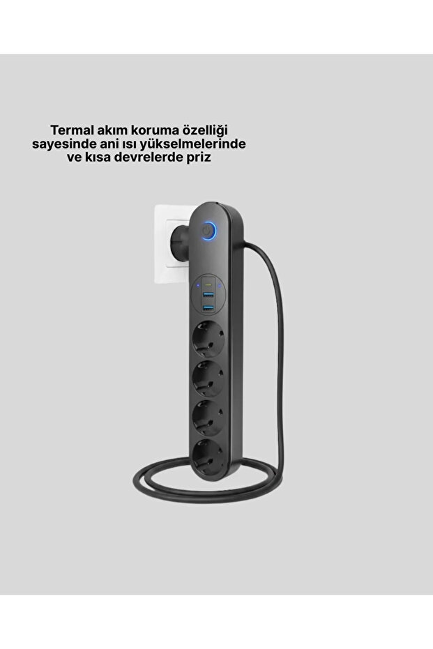 4 مقابس كهربائية، 2 منفذ USB، 1 منفذ Type-C، مقاومة للتيار الزائد، متعددة المقابس مع مفتاح LED - 3