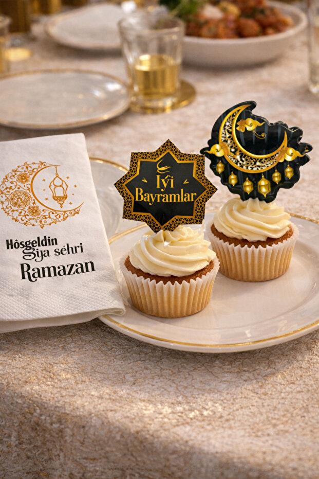 طقم أدوات مائدة رمضان والعيد - مناديل ورقية منقوشة 24 قطعة وديكورات أعواد الأسنان 16 قطعة