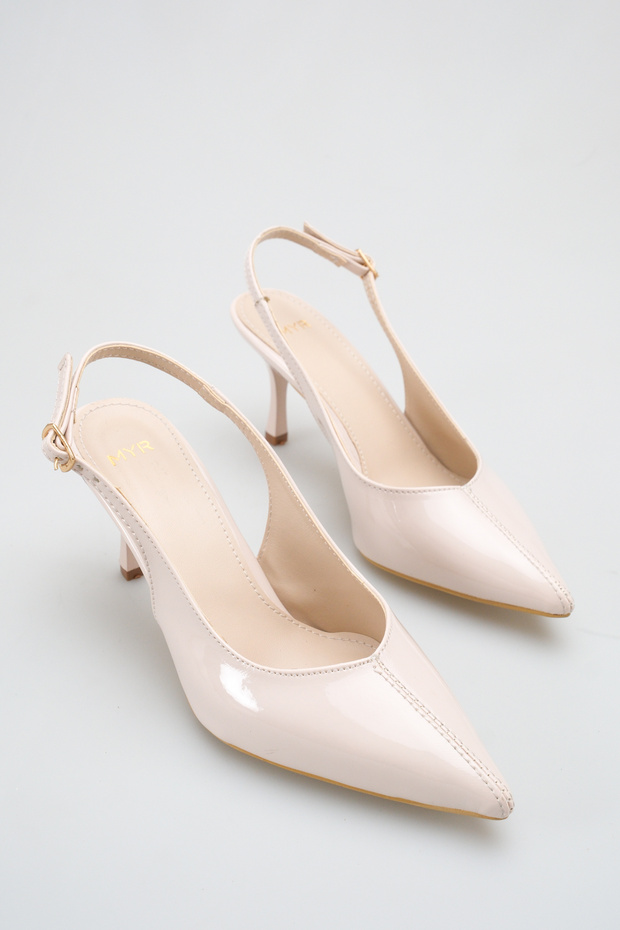 Women's Pointed Toe Stitched Detailed Heeled Shoes in Patent Leather