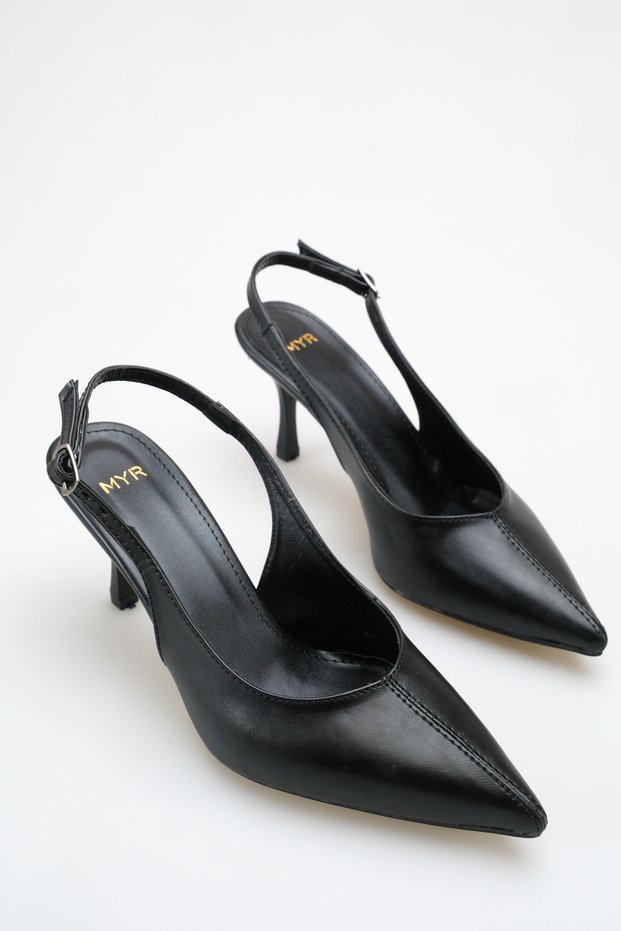 Women's Pointed Toe Sewing Detailed Heeled Shoes Black Leather