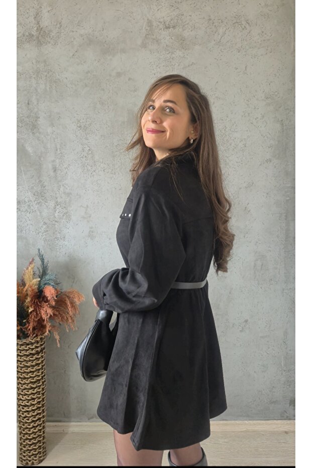 Kemerli Süet Elbise - 4