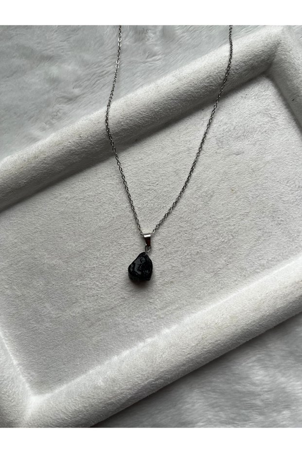 Raw Black Tourmaline Stone Steel Necklace Handmade