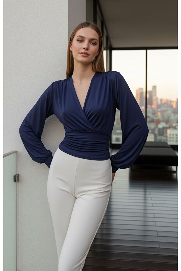 Daily elegant long balloon sleeve above waist Stretch Fabric blouse bady