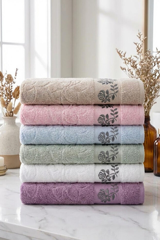6-Pack Hand And Face Towel Set 50x85 Cm 100% Cotton Rose Patterned Jacquard Colorful