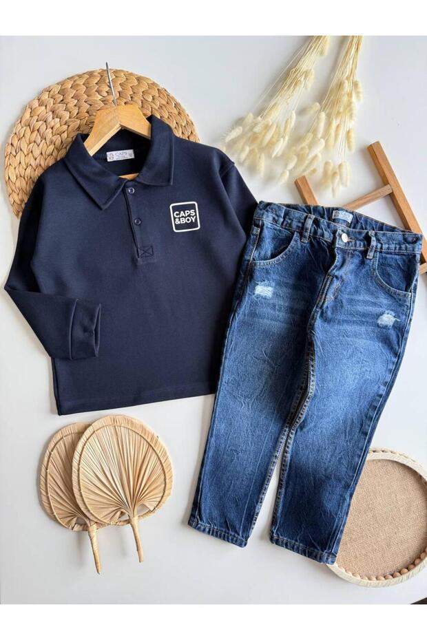 Boy's Navy Blue Polo Collar Sweatshirt and Pants Set