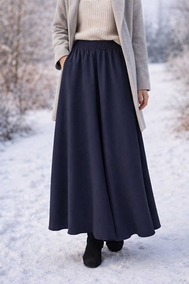 Elastic Waist Pocketed Double Skirt Height: 93-94 cm