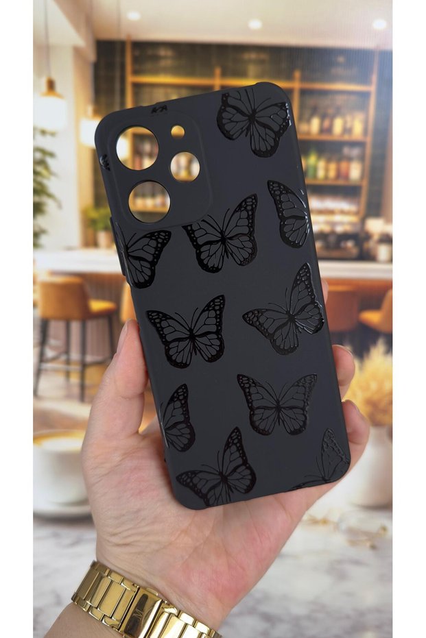 Redmi 12 Compatible Black Butterfly Patterned Silicone Shock Absorbing Classic Protected Rubber Case