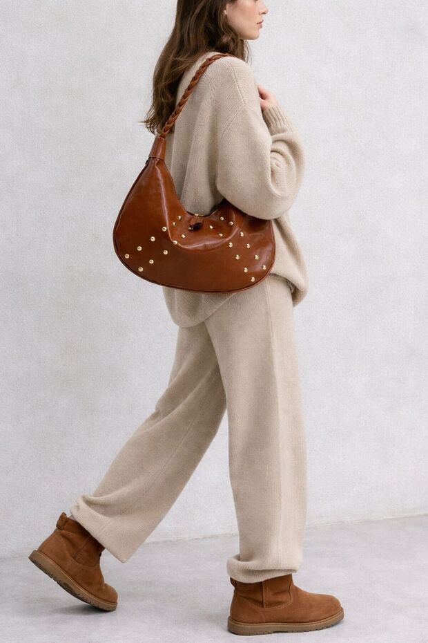 Staple Detailed Soft Patent Leather Women's Shoulder Bag