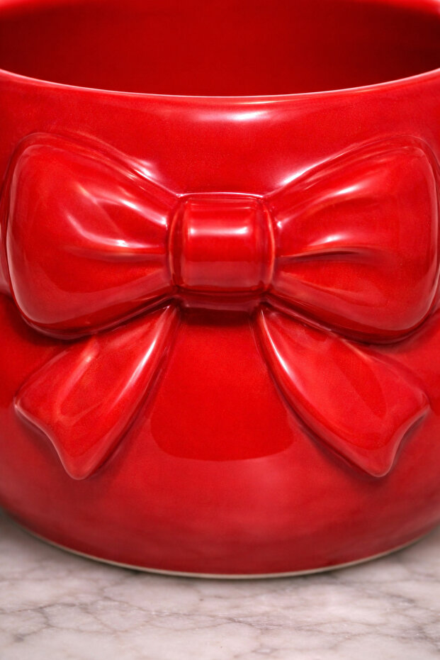 3D Embossed Complete Red Bow Pattern Custom Embossed Fully Handmade Ceramic Mug - 2