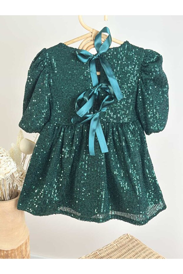 Sequin Balloon Sleeve Dress-Green