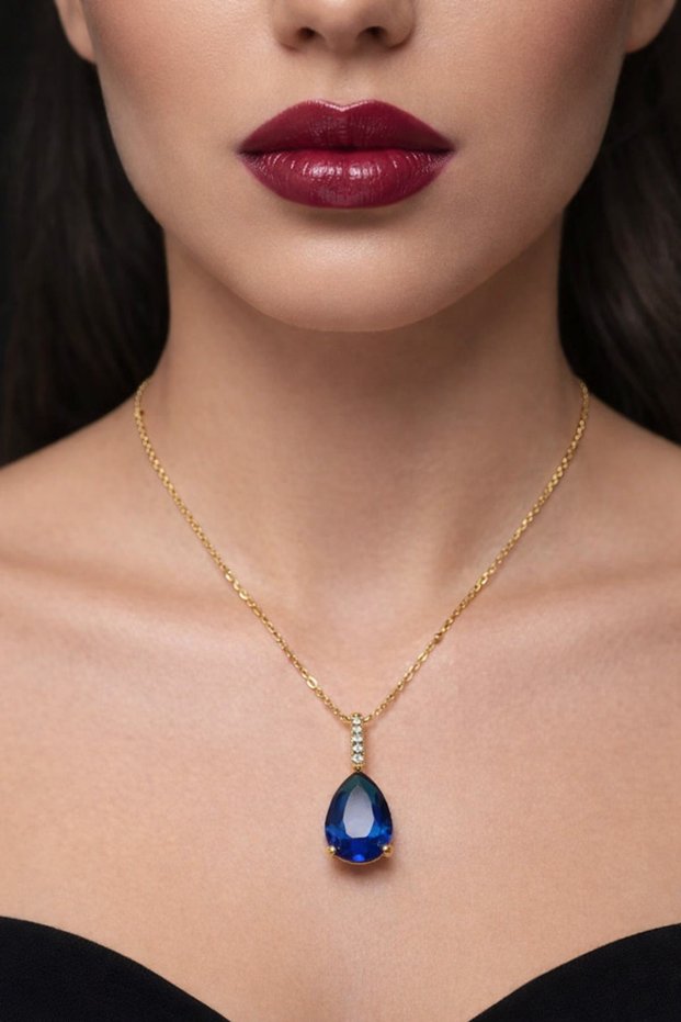 Navy Blue Drop Zircon Stone Stainless Steel Necklace – Gold Color - Water Resistant, Tarnish Resistant