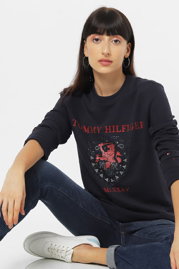 Womens Dark Blue Embellished Crew Neck Fleece Sweatshirt