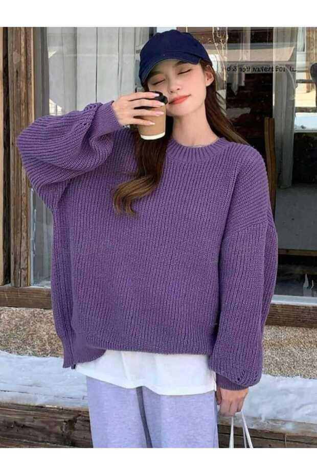 Purple Crew Neck Oversize Women's Knitwear Sweater