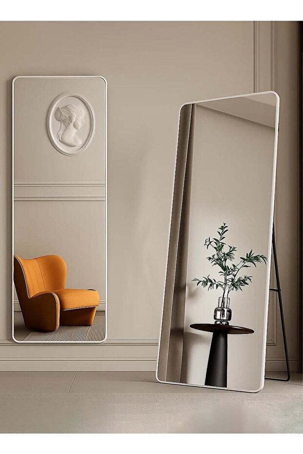 مرآة كبيرة بتصميم أنيق 155×45 سم - مرآة كاملة الطول بإطار معدني أبيض وحامل خلفي