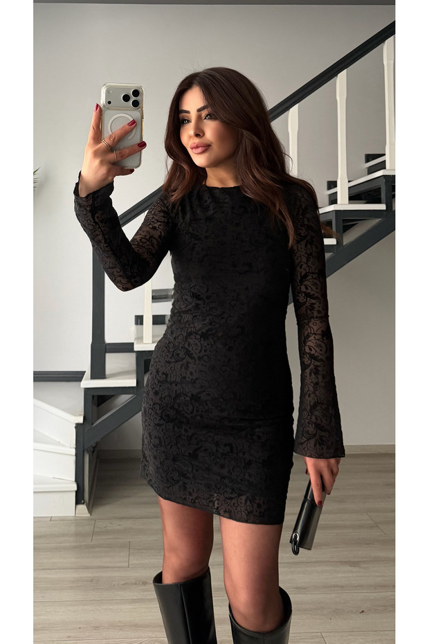 Black tulle embossed patterned lined dress