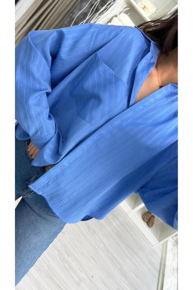 SOFİA ÇİZGİLİ OVERSİZE GÖMLEK- MAVİ - 7