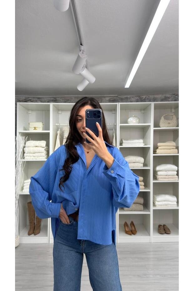 SOFİA ÇİZGİLİ OVERSİZE GÖMLEK- MAVİ - 5